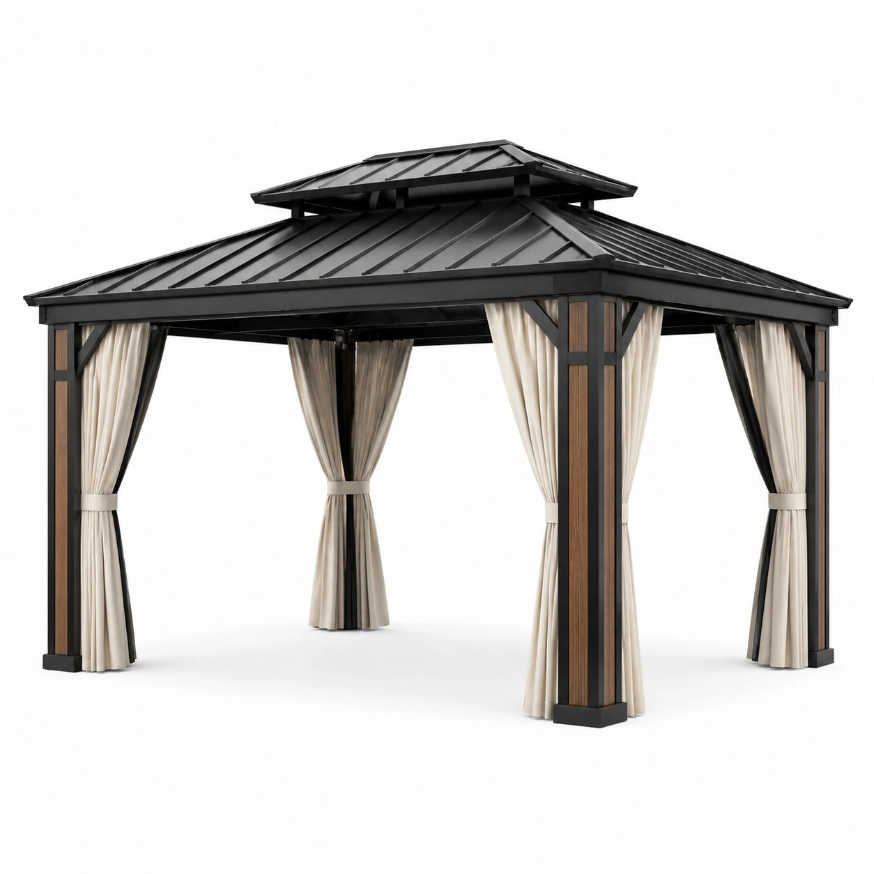Pavillon aus Aluminium, Stahl und Polycarbonat mit Vorhängen 4x3m Schwarz/Braun/Beige
