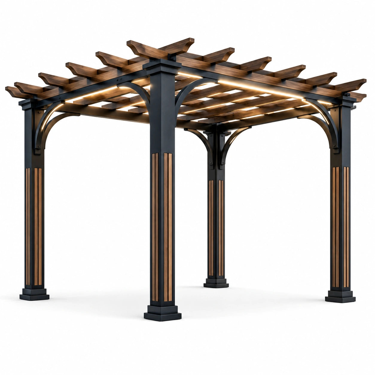 Pergola aus Aluminium und Teakholz mit LED-Beleuchtung 300x300 cm Schwarz/Braun