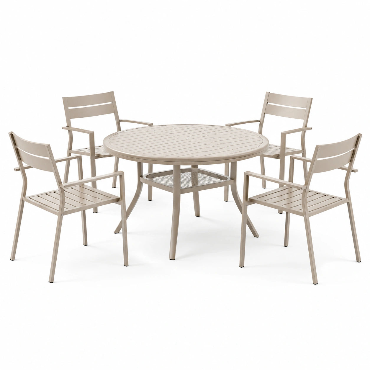Runde Garten-Essgruppe aus Aluminium, 1 Tisch und 4 Stühle, Beige