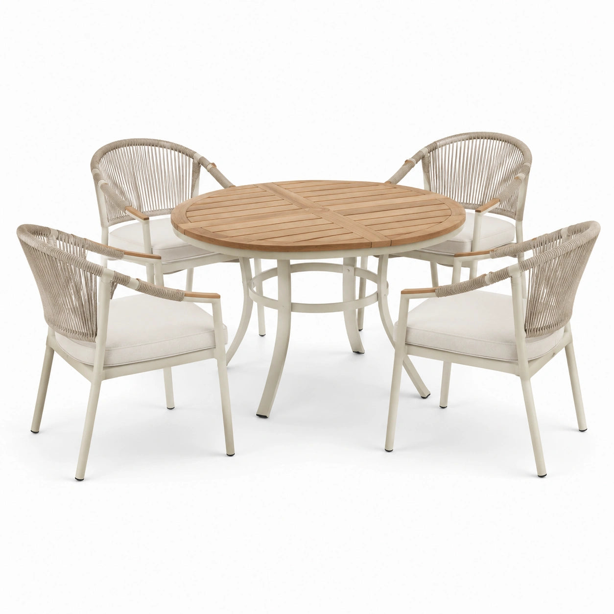 Runde Garten-Essgruppe aus Akazienholz und Aluminium mit 4 Seilstühlen Beige