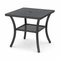 Schwarzer Aluminium-Gartentisch mit Gitterablage 70x70x75 cm
