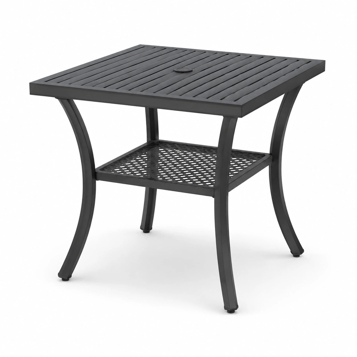 Schwarzer Aluminium-Gartentisch mit Gitterablage 70x70x75 cm