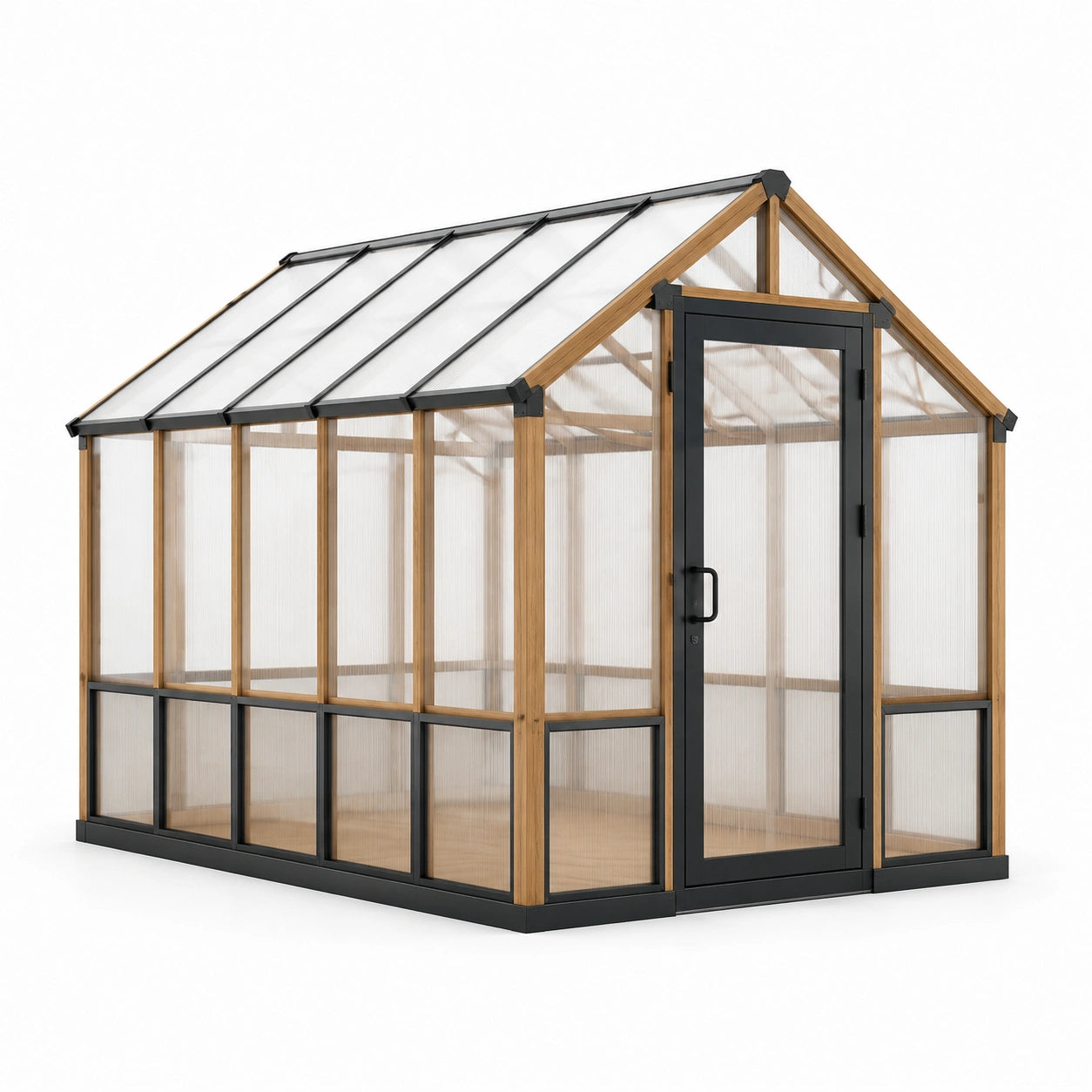 Gewächshaus aus Aluminium und Polycarbonat mit Holzoptik