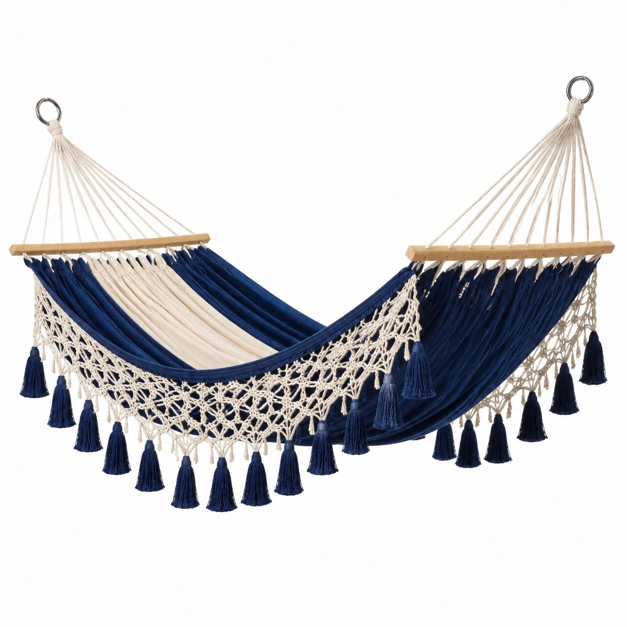 Baumwoll-Hängematte mit Makramee Blau/Beige