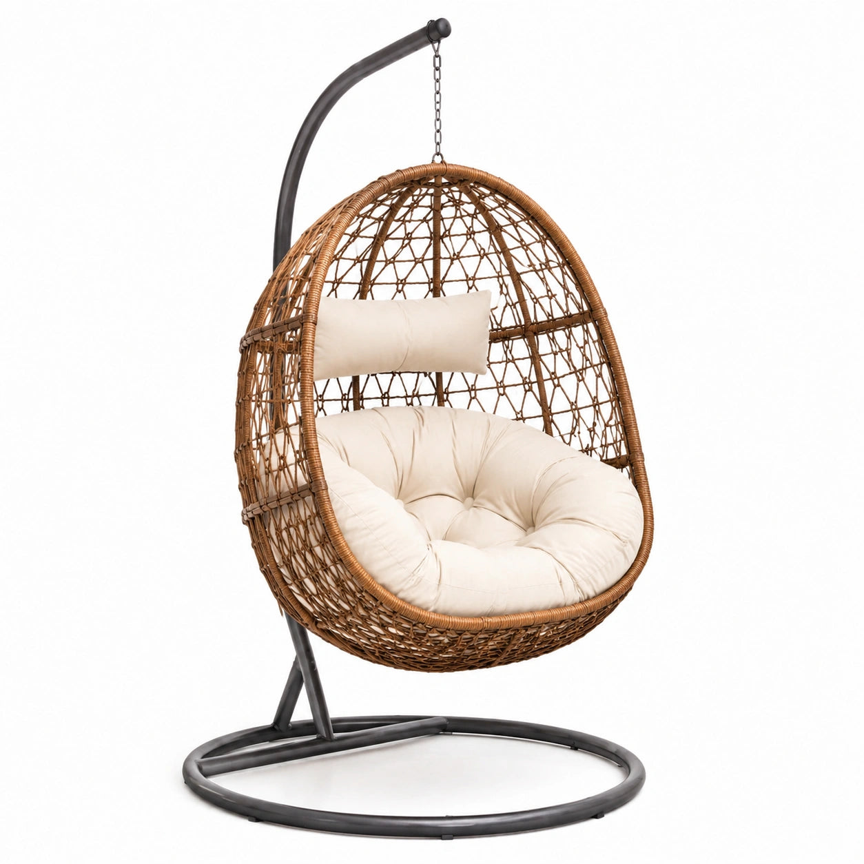 Hängesessel aus Rattan mit Stahlgestell und Kissen in Beige