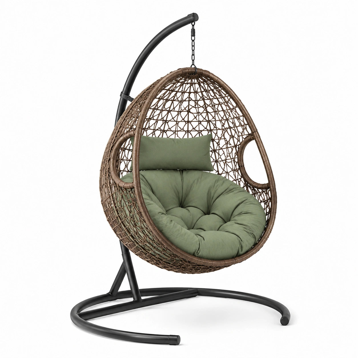 Rattan Hängesessel mit grünem Kissen und Stahlrahmen