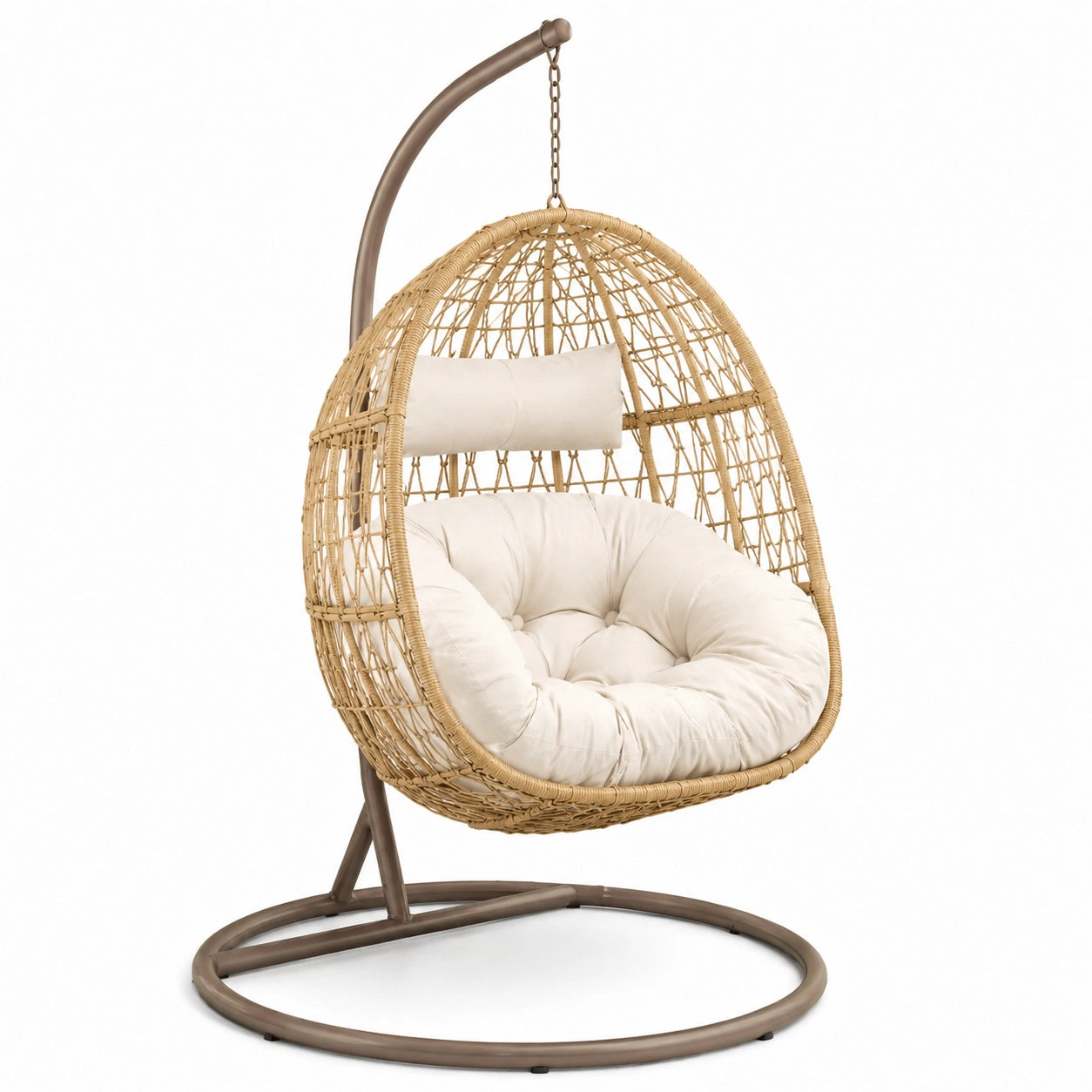 Rattan-Hängesessel mit Stahlrahmen und Kissen, Beige