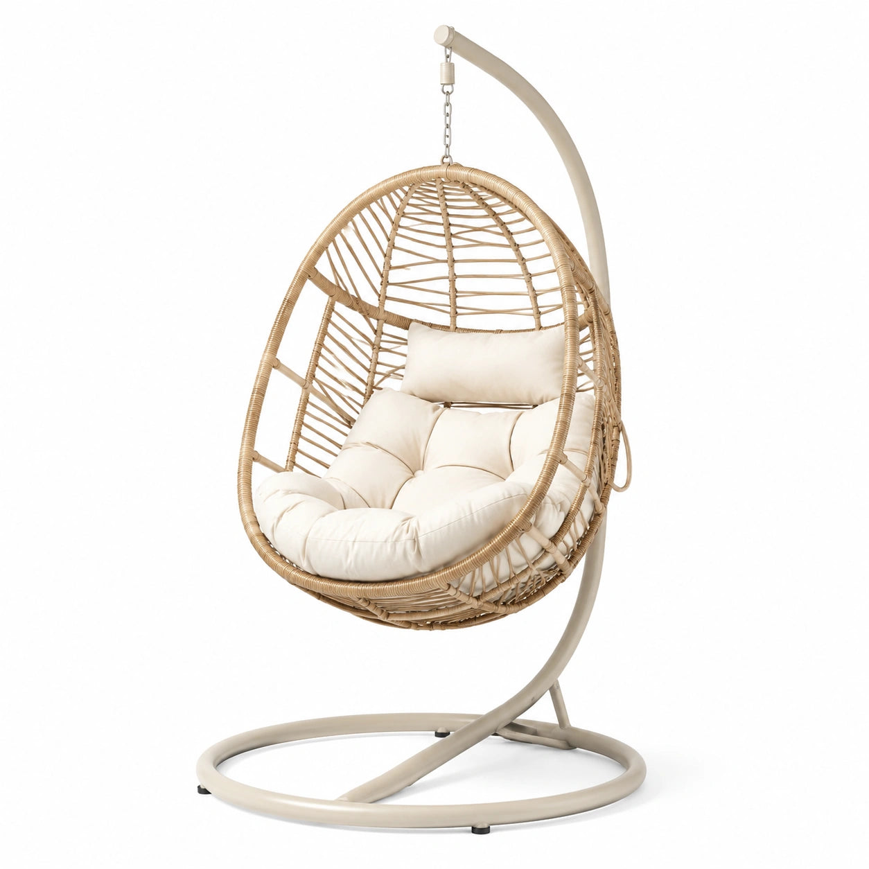 Rattan Hängesessel mit Stahlgestell und Kissen Beige